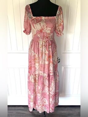Patrons of Peace whimsy, BoHo, tropical Pink Floral Smocked Maxi Dress medium